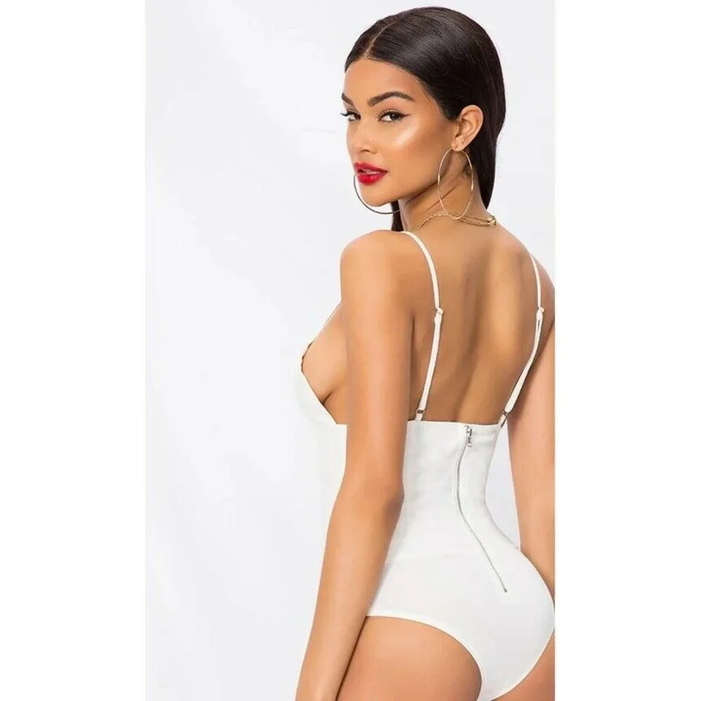 superdown Rocky Denim Bodysuit White Denim Back Zipper Revolve XS NWT $48